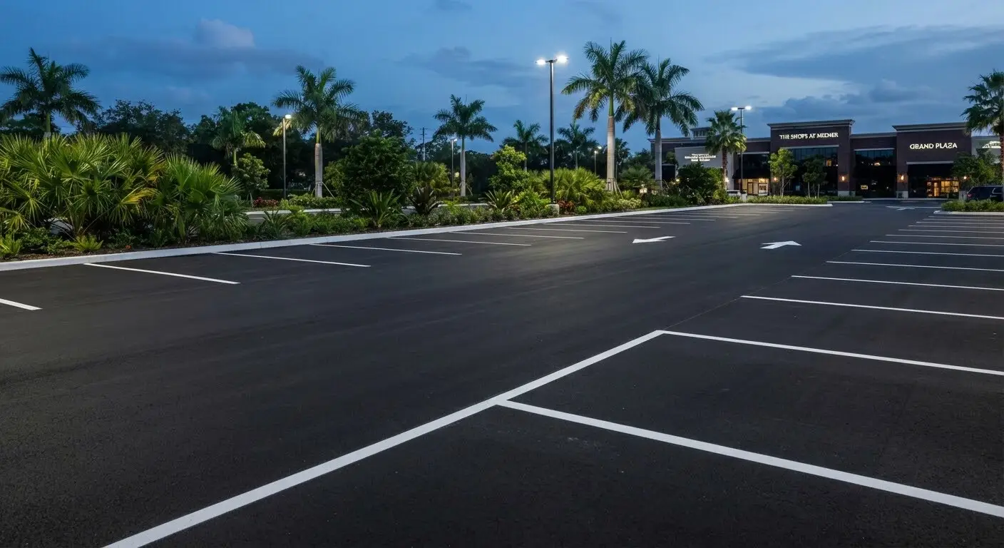 The same Florida commercial parking lot after a Knight Sweepers pass: clean black asphalt, bright striping, spotless curbs