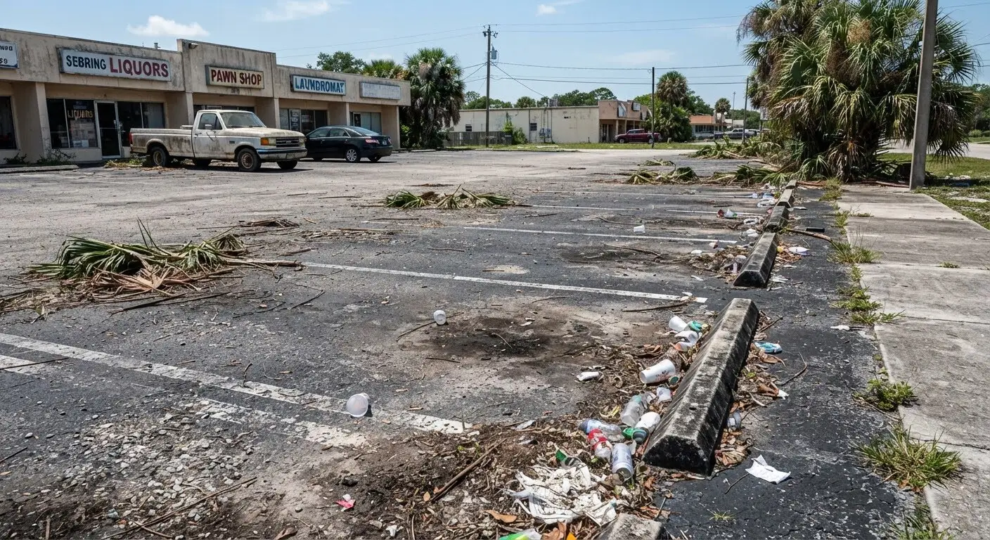 A Florida commercial parking lot before service: palm fronds, gravel, windblown litter, and silt along the curb