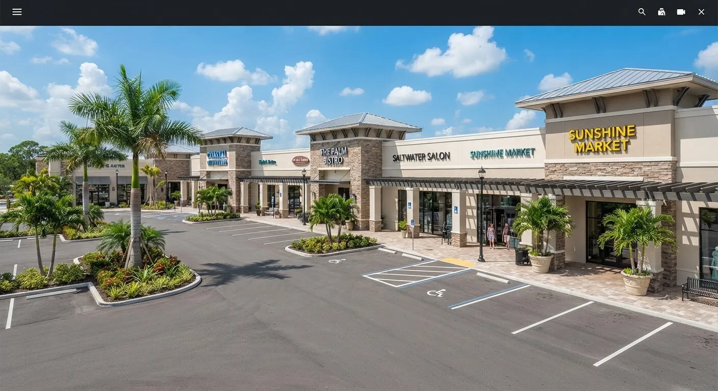 Modern Florida retail lifestyle center with clean paved parking and palm landscaping