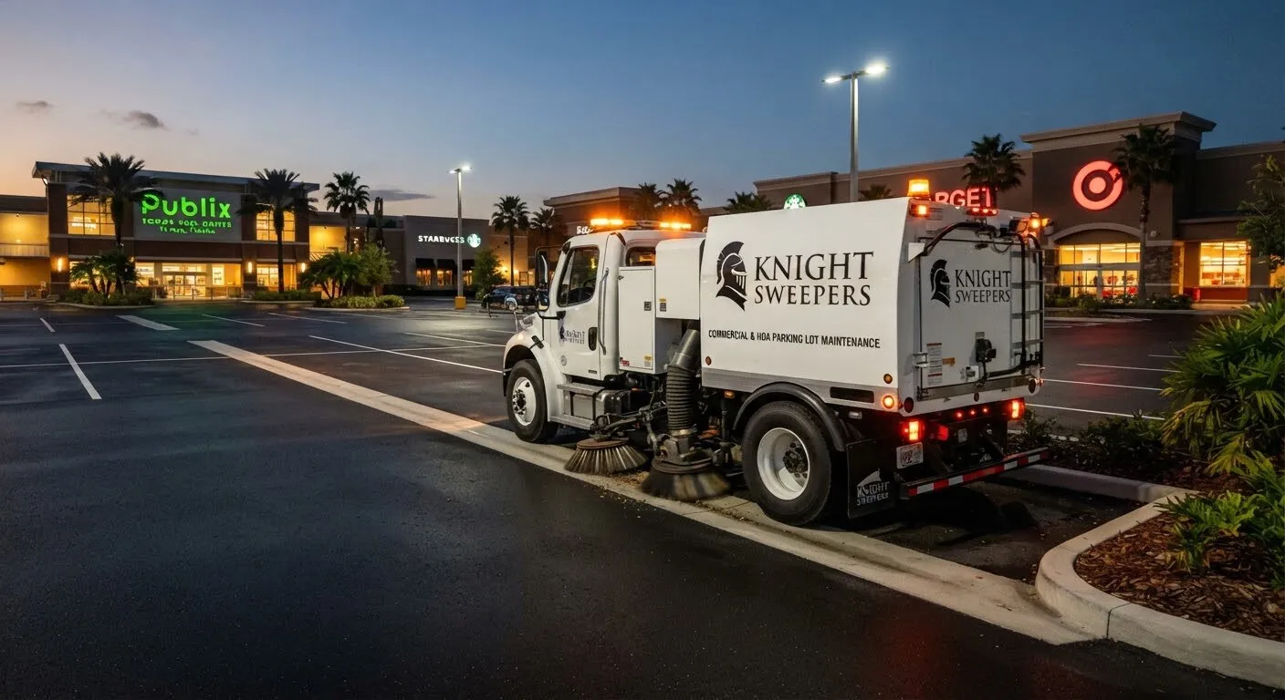 Knight Sweepers truck sweeping a storefront parking lot at night with amber beacons