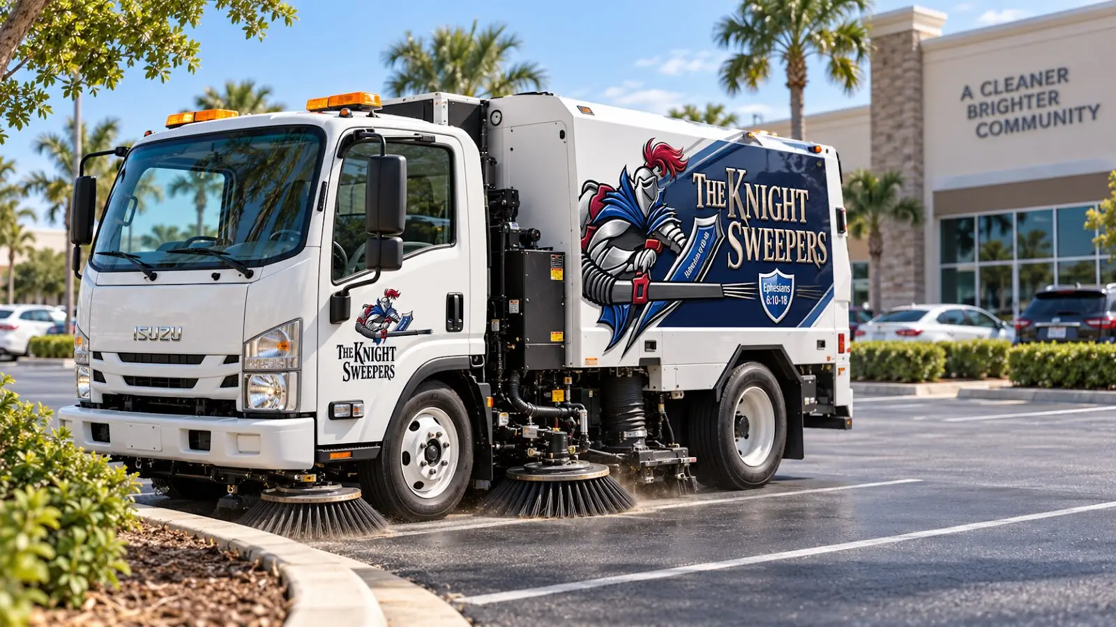 The Knight Sweepers Isuzu commercial sweeper truck cleaning a Florida retail plaza parking lot