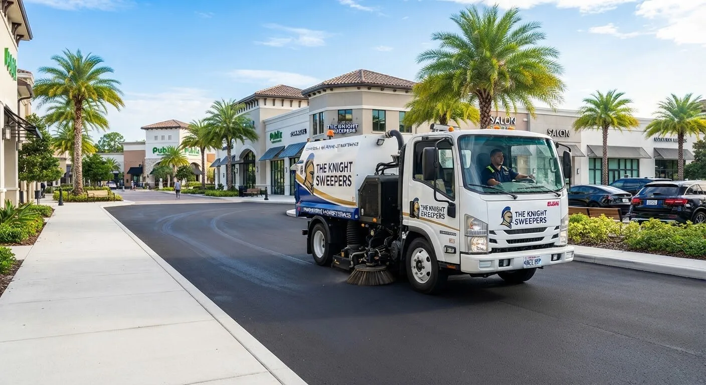 The Knight Sweepers commercial sweeping vehicle stationed at a retail shopping center